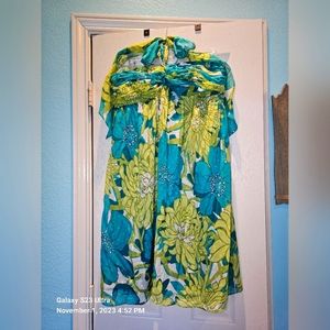 Ann Taylor women's strapless dress, with tie around neck. Size 8, teal, yellow